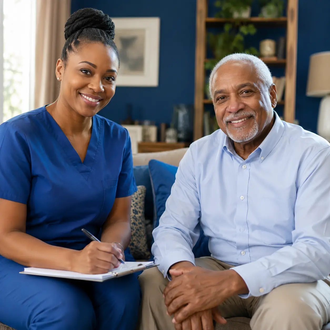 home healthcare nurse and elder man smiling during an in-home elder living consultation in a modern living room setting.