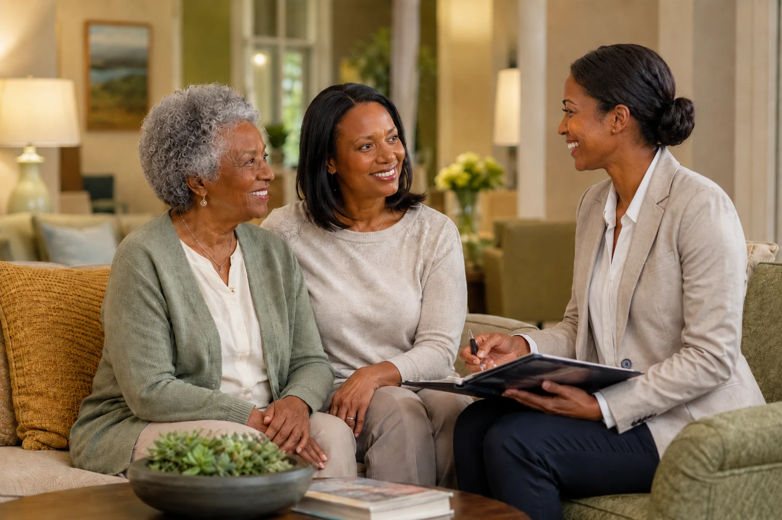 Family discussing assisted living and senior care options with a caring advisor in a warm senior living community.